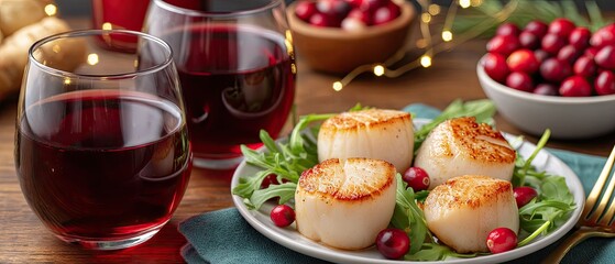 Seared scallops with arugula and cranberries presented for a romantic dinner on Valentine's Day