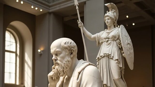Classical marble sculpture of Socrates beneath Athena statue