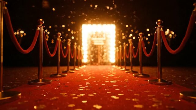 Red carpet pathway with golden stanchions and bright background