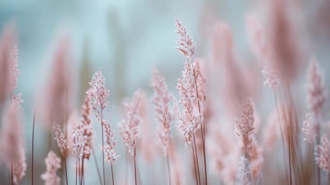 Fluffy dried grass or reed plumes standing against a soft, dreamy pastel background with a delicate bokeh effect, creating a peaceful and serene nature scene