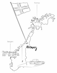 Obraz premium Hand drawn map of Norway with famous city landmarks in black and white