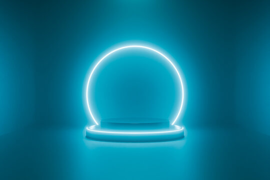 Neon blue glowing circle on a dark background 3d