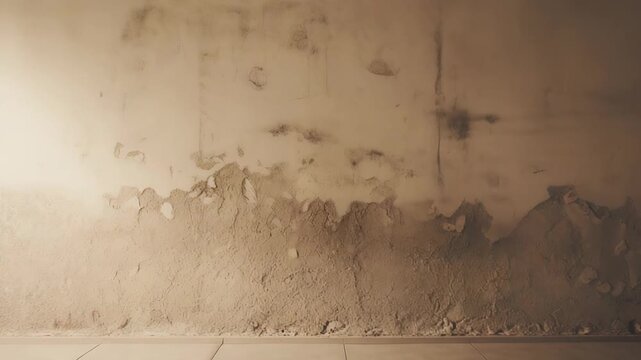 Abandoned room featuring a light colored wall with extensive peeling paint and visible dark water stains, indicating severe moisture damage and requiring urgent renovation or repair