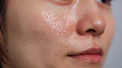 Fototapeta premium A close-up of a person's face, highlighting skin texture with visible pores and a natural, glistening appearance.