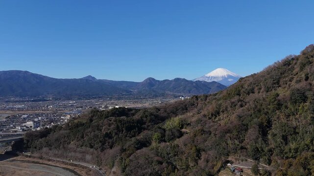 Aerial view of Mount Fuji covered in snow during winter in Japan