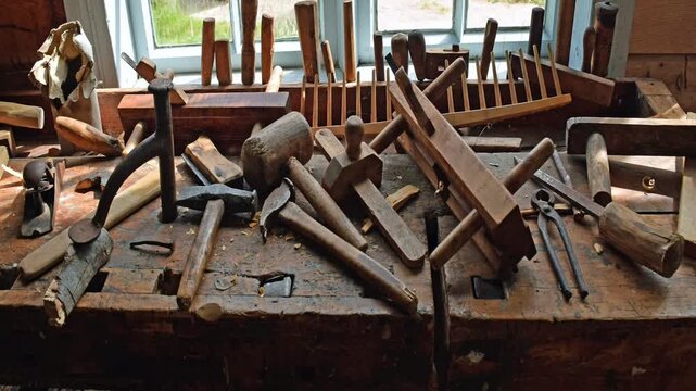 Old carpenter's bench with old tools