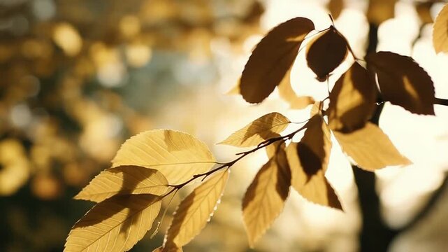Golden autumn leaves on a tree branch catching warm sunlight, creating a beautiful bokeh effect with vibrant colors and natural glow, evoking feelings of peace and tranquility