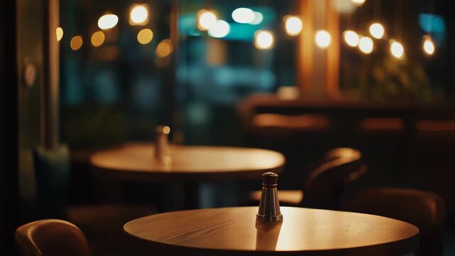 Empty wooden table with a salt shaker in a warmly lit restaurant or cafe, creating a cozy and inviting atmosphere for an evening out or a relaxing break
