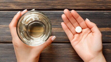 A person prepares to take a pill by holding it in one hand and a glass of water in the other hand on a wooden table