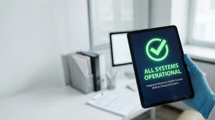 All systems operational message on digital tablet held by gloved hand in modern office with computer and files