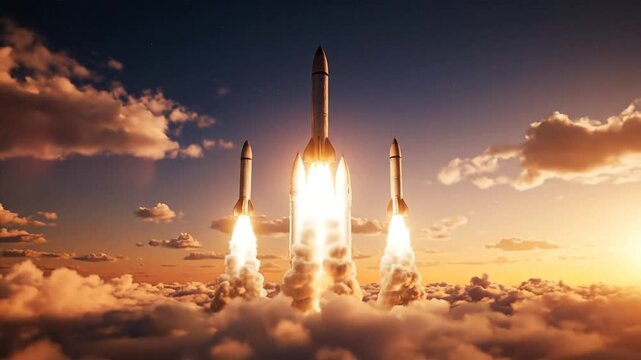 Rocket launch above clouds at sunset space exploration concept