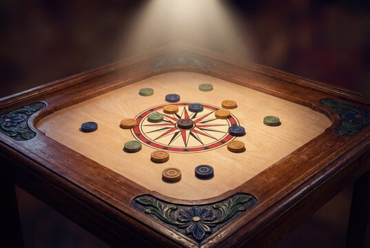 Traditional wooden carrom board setup with colorful pieces and starburst center