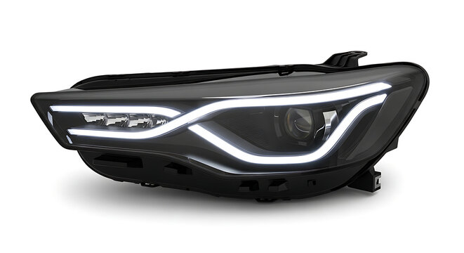 Modern car headlight with LED DRL automotive technology for night driving isolated on white