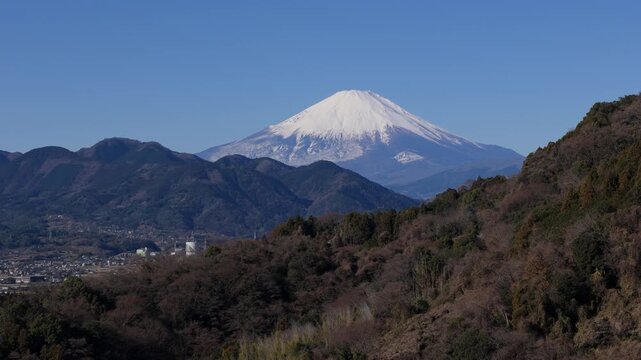 Drone shot of Mount Fuji with snow in winter season