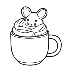 Fototapeta premium Cute little mouse peeking out from a swirl of whipped cream in a warm beverage mug for childrens coloring books or winter holiday season activities and prints