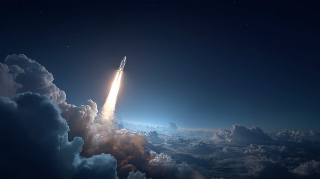 A futuristic spaceship launches into the night sky with blazing rocket engines illuminating stars and clouds in dramatic cinematic style