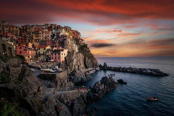 Fototapeten Bordeaux Manarola, Italy, Liguria, Cinque Terre. Beautiful view of the fisherman village on the rock at the sunset.   © Milan