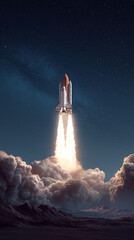 A futuristic spaceship launches into the night sky with blazing rocket engines illuminating stars and clouds in dramatic cinematic style