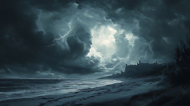 Dramatic dark moody seascape featuring ominous storm clouds, turbulent ocean waves crashing onto a desolate beach near a distant shadowy fortress silhouette