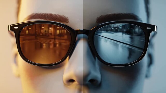 High-end cinematic video, sunglasses floating slowly rotating front human face lens displays warm joyful version same city scene, golden sunlight, vibrant colors glow, optimistic cold moody version