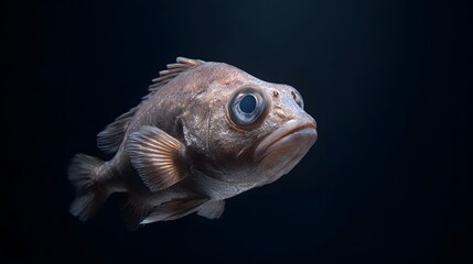 Fototapeta premium A deep sea fish with large eyes is presented in a dark isolated underwater environment