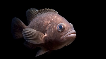 A close up portrait of a brown marine fish with large striking blue eyes isolated against a dark background