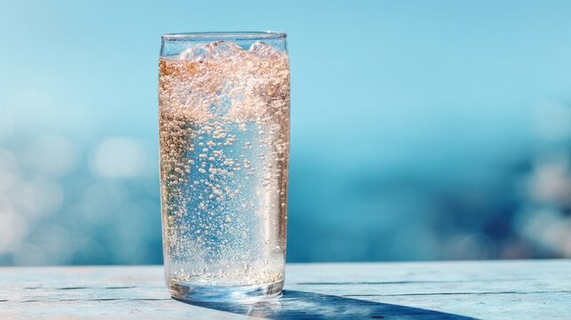 A clear glass filled with sparkling water sits on a wooden table. The bright blue ocean sparkles in the background on a sunny day, creating a refreshing scene.
