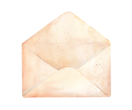 Opened kraft paper envelope, back side old vintage letter, hand-drawn watercolor illustration. Isolated on white element for card design, invitations, clipart for holiday decorations, school, office