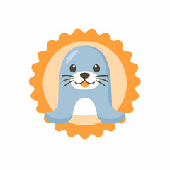 Obraz premium Cute cartoon seal in an orange medallion shaped badge; Adorable harbor seal vector art isolated