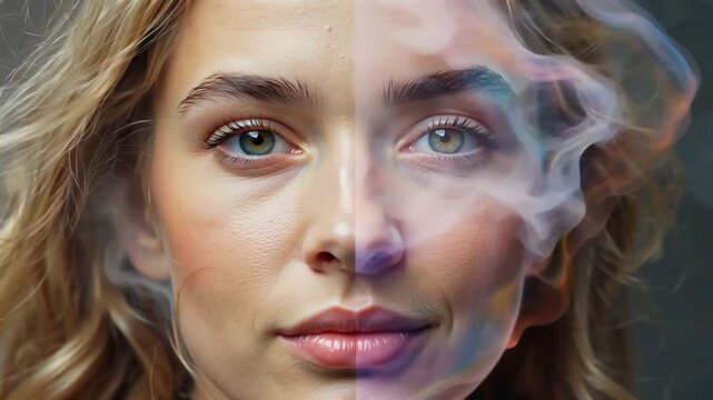 Cinematic 4K artistic stock video portrait, model facing forward face two pastel dream worlds soft floral cloud elements pastel pink, cream, lilac, abstract emotional dreamscape flowing liquid pastel