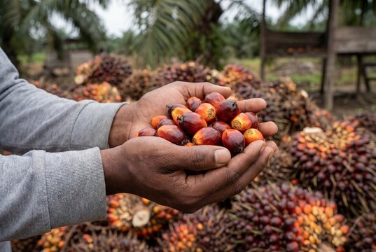 Workers hands holding ripe red oil palm fruitlets in plantation