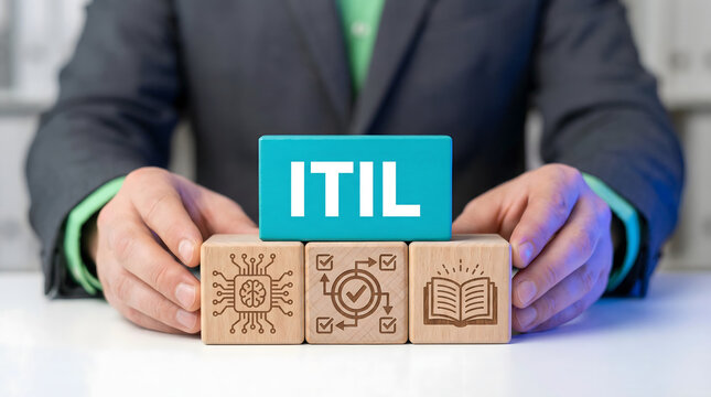 Businessman presenting ITIL concept with wooden blocks on a white desk in a clear bright office environment displaying business strategy and education