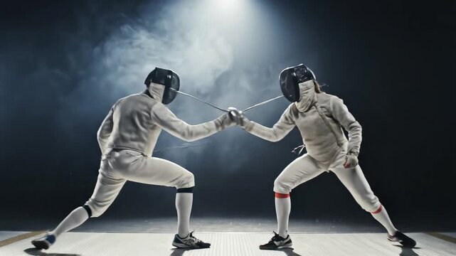 Two fencers in white gear competing