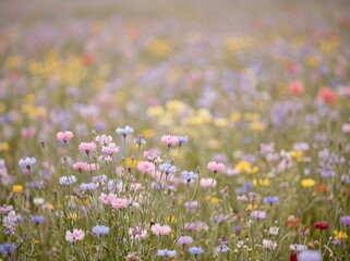 Gentle meadow landscape featuring blooming pink and blue cornflowers in soft summer sunlight