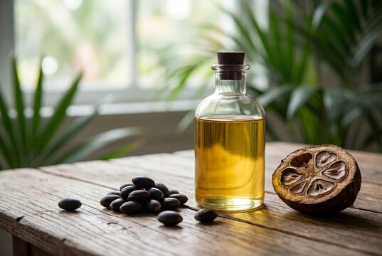 Glass bottle of golden babassu oil with organic seeds and dried fruit shell on wooden table