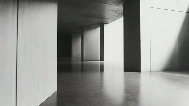 Minimalist concrete interior showcasing geometric architecture, strong light and shadow patterns, and a reflective polished floor creating a sense of depth and contemporary design
