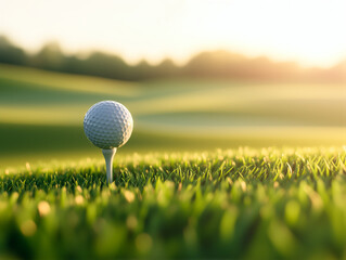 Golf Ball on Tee in Green Grass with Morning Sunlight