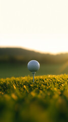 Golf Ball on Tee in Green Grass with Morning Sunlight
