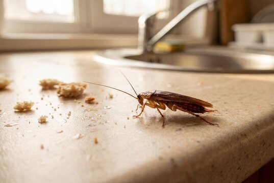 Brown cockroach scurries on kitchen countertop near bread crumbs