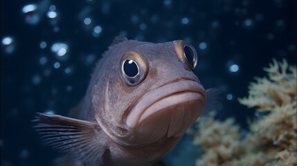 Close up of a curious marine fish with large eyes underwater surrounded by bubbles