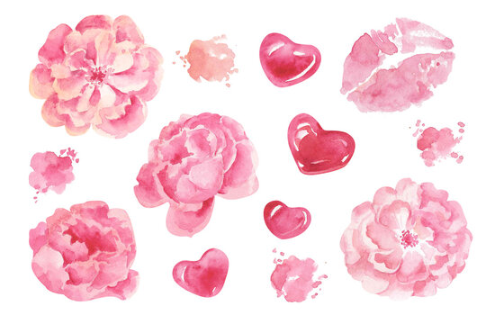 Abstract pastel pink flowers, hearts, Kiss print hand-drawn watercolor illustration isolated on white. Beautiful set of elements for cards, invitations, holiday, beauty, valentines, wedding designs