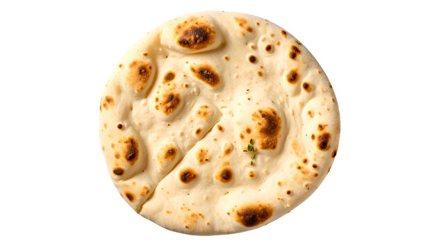 Overhead view of a circular, cooked flatbread with browned spots