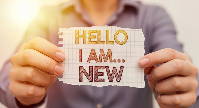 Person holding paper with hello I am new message