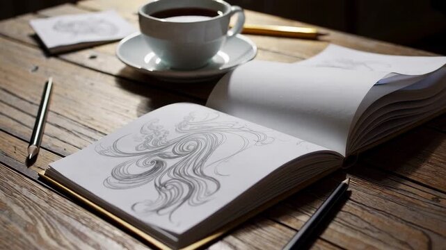 Morning coffee and sketching: artistic flow on wooden table with sunlight