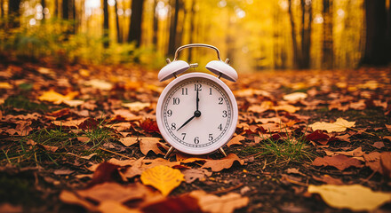 Vintage alarm clock on autumn leaves in forest with golden light