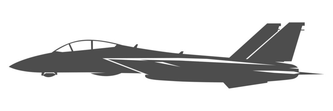 Silhouette F-14 military aircraft design from side view. Minimalist vector illustrations f14 fighter jet in black and white color from lateral. Monochrome drawing united states modern combat aeroplane