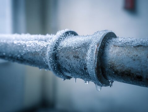 an indoor water pipe frozen with ice, visible frost and thin ice layers along the metal surface