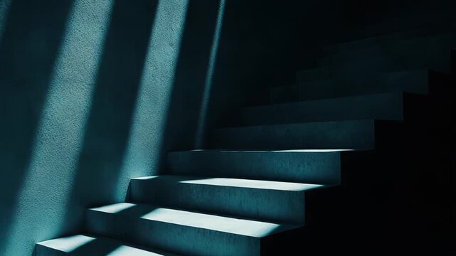 Concrete staircase bathed in dramatic rays and deep shadows, minimalist geometric steps suggesting a challenging ascent, progress, ambition, and an uncertain yet hopeful path