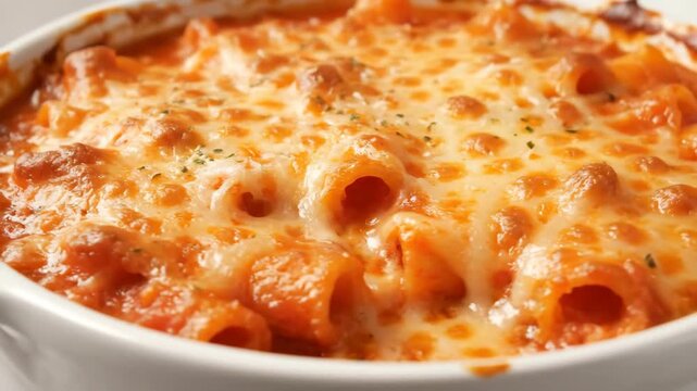 Close-up of Cheesy Baked Pasta with Melted Mozzarella and Tomato Sauce. Hot, bubbling Italian comfort food served in a white ramekin dish.