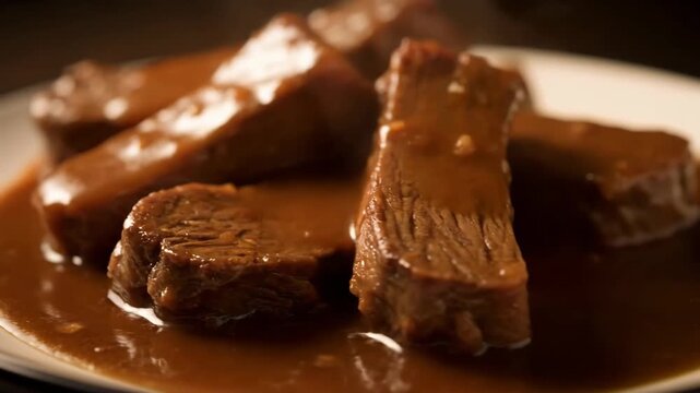 Delicious close-up of slow-cooked braised beef short ribs or pot roast served on a white plate and generously covered in a rich, savory brown gravy sauce, perfect comfort food.